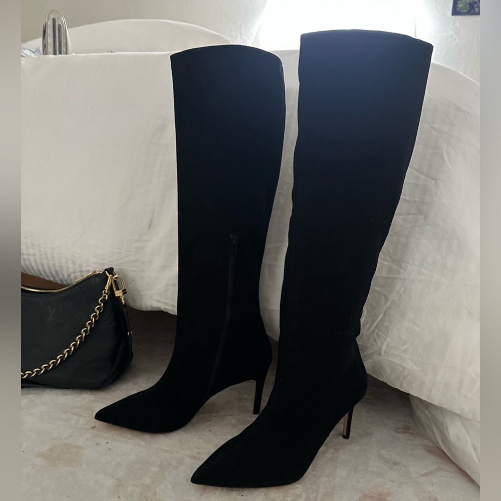 LK Bennett Astrid Suede Black Heeled Knee High Slouch Boots
